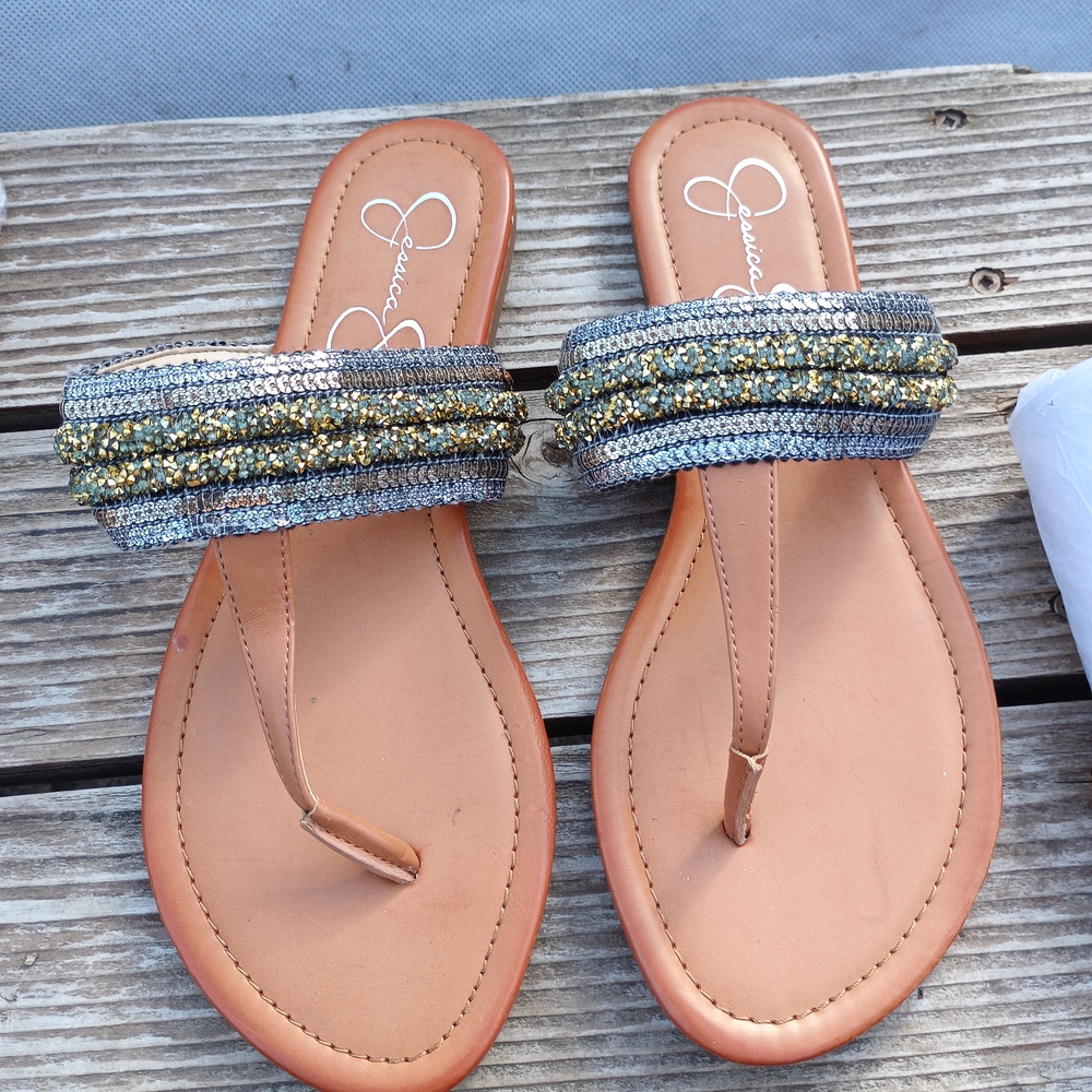 Jessica Simpson Silver and Gold Sandals with Decorative Strap